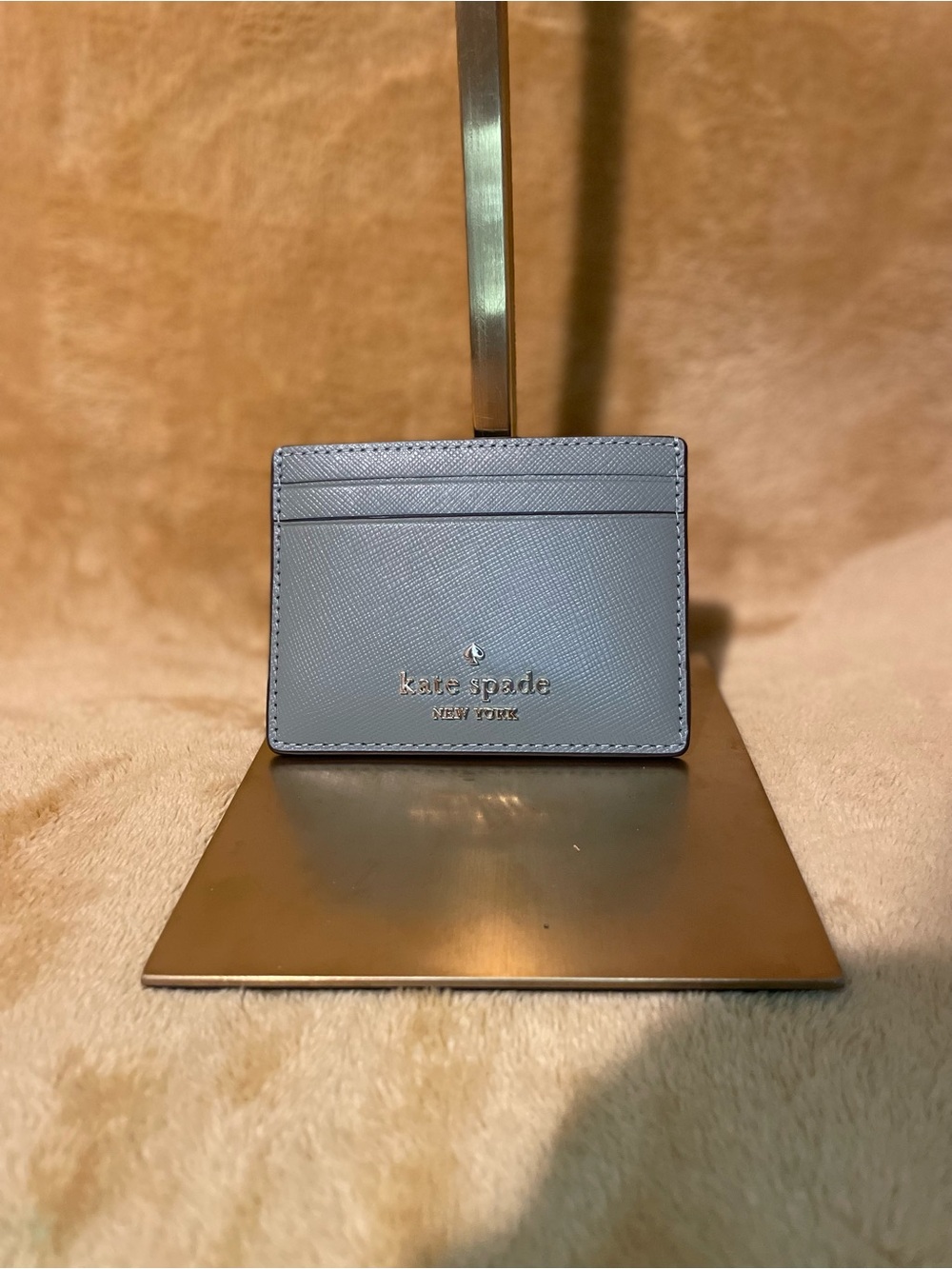 kate spade gray saffiano card holder with gold logo NWT
